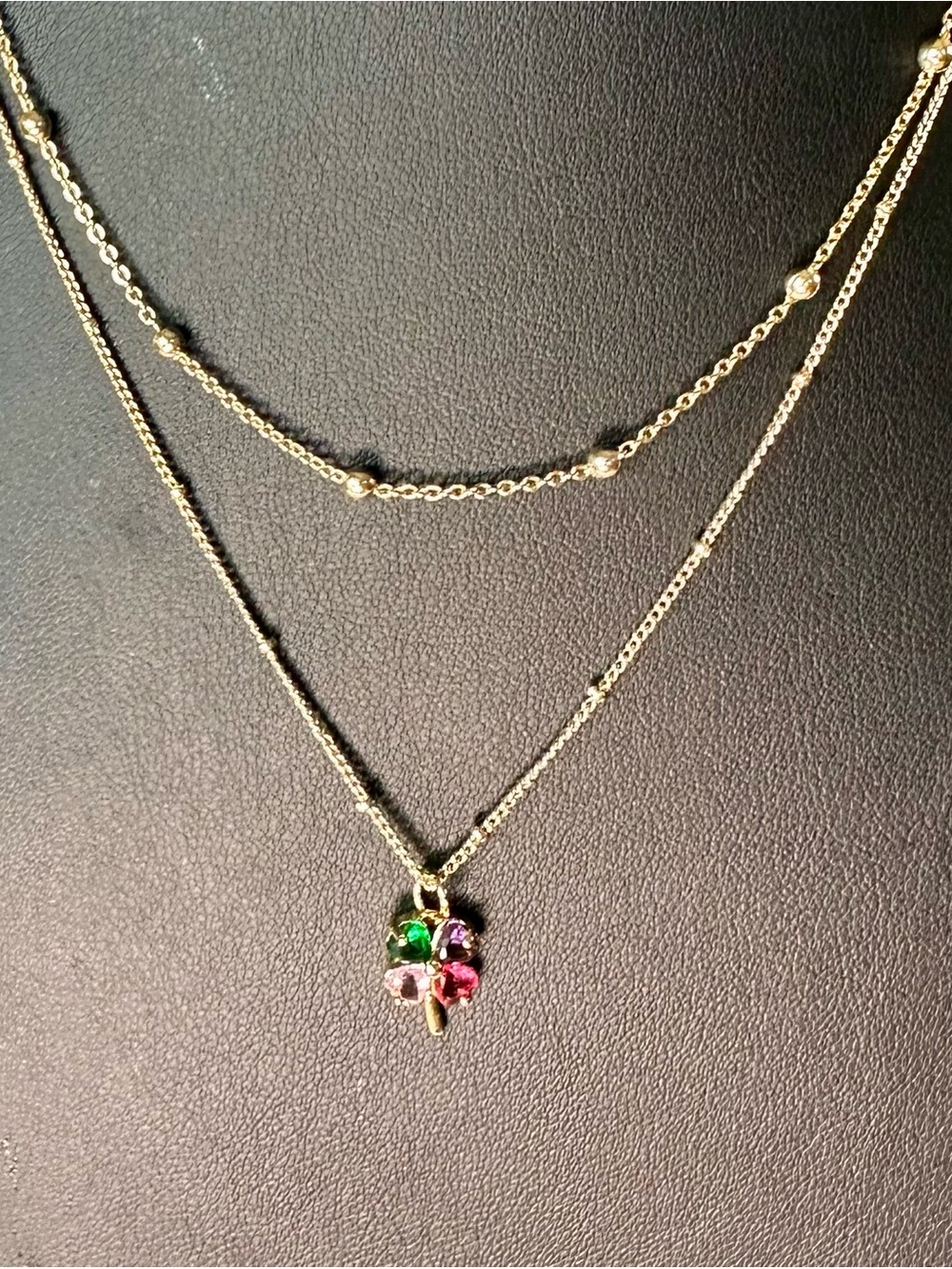 Gold Plated Layered Four Leaf Clover Necklace Multicolor Crystal Adjustable
